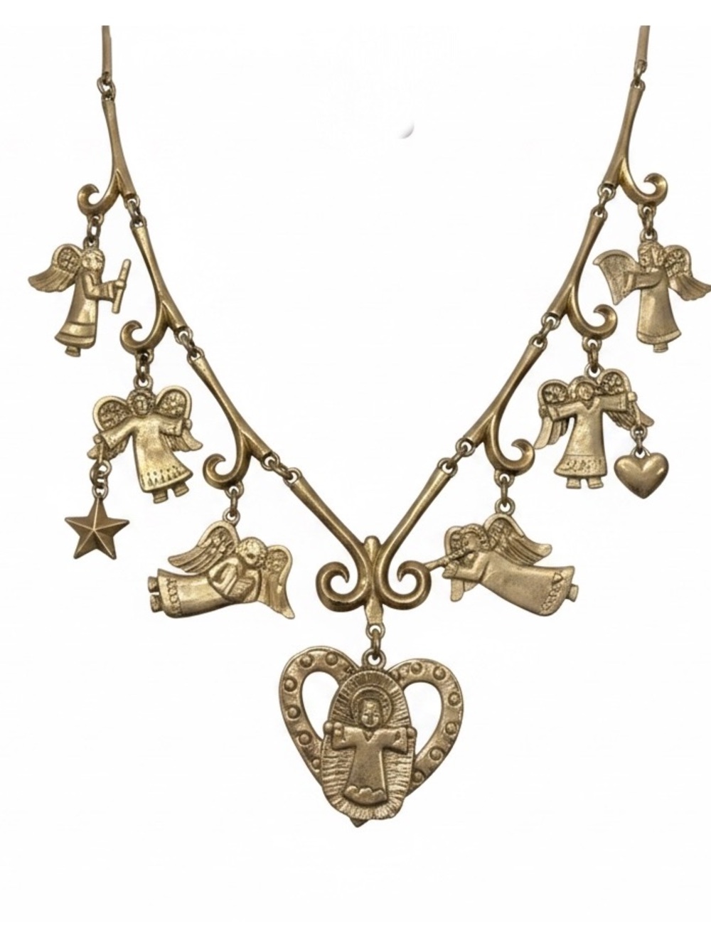 Vintage Jeep Collin’s Joyful Angels Gold Angel Charm Brass Necklace